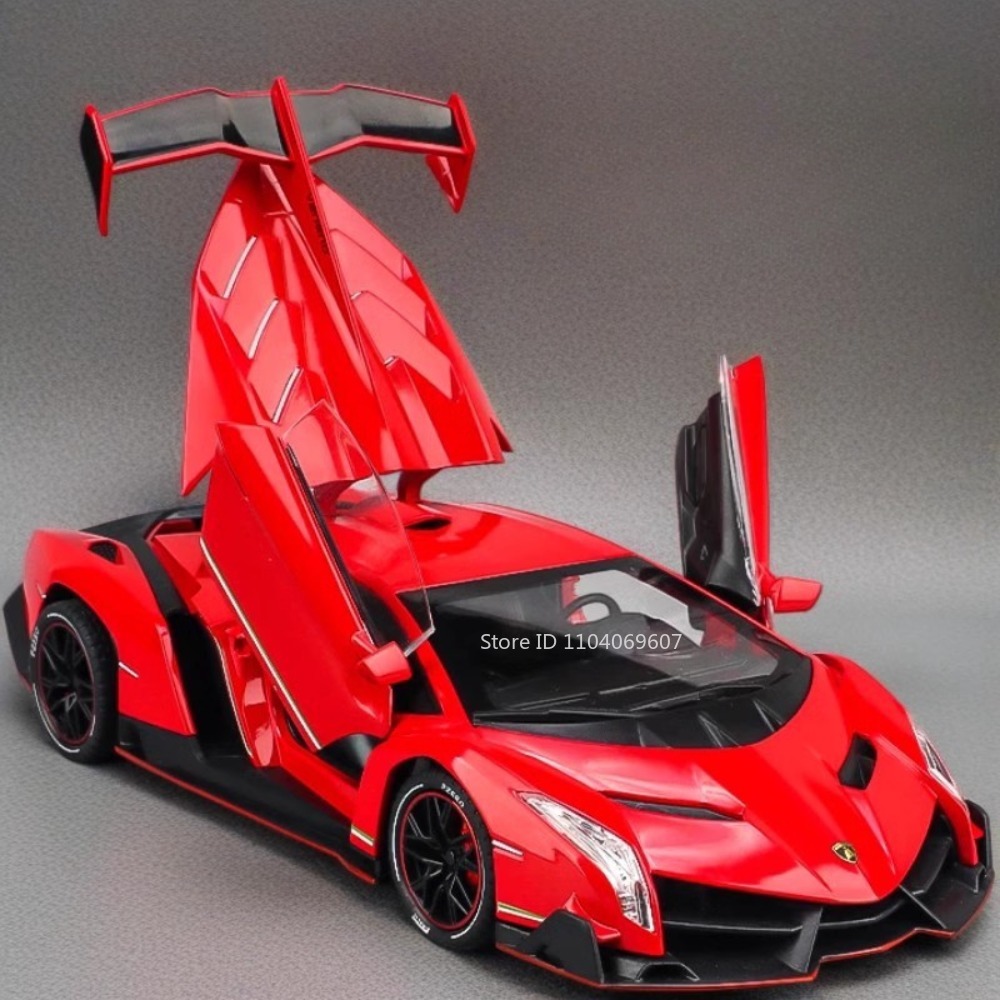 Model Kit Lamborghini - Veneno โมเดลรถโมเดลรถยนต์สปอร์ตของเล่นโลหะแบบเปิดประตูดูดซับแรงกระแทกไฟเสียงรถของสะสม